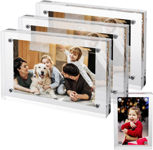6x4 Inches Acrylic Picture Frames - 3 Pack,Desktop Frameless Photo Frames with Magnetic & Double Sided Transparent for Party/Graduation/Family/Travel Photo Souvenirs (Included 3x2 Photo Frames)