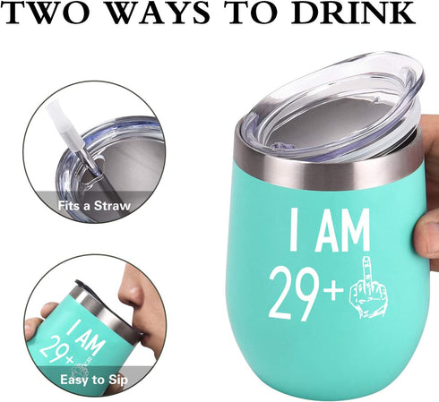 29 Plus One Middle Finger Wine Tumbler 30th Birthday Gifts for Women, Turning 30 Funny Tumbler Gifts Idea for Friends Her Wife Mom Coworkers, 12 Oz Insulated Tumbler Glasses, Mint