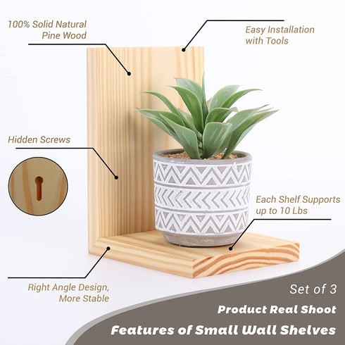 Small Floating Shelf for Wall, 4 Inch Natural Wood Wall Shelves Display Ledges for Small Plant Wall Shelf Compact Style Decor Mini Hanging Display Shelves for Livingroom Bedroom, Pine Wood, Set of 3