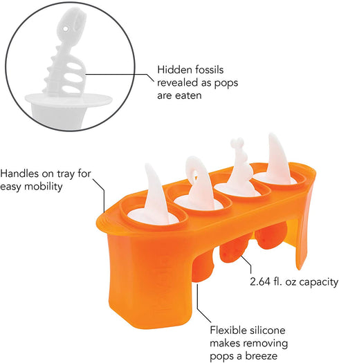 Tovolo Dino Ice Pop Molds, Flexible Silicone, Easily-Removable, Dishwasher Safe, Set of 4 Popsicle Makers with Sticks