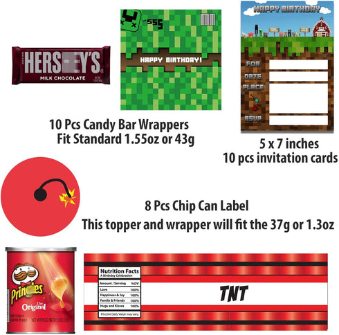 Pixel Style Gamer Birthday Party Supplies includes Banner - Cake and Cupcake Toppers - Balloons - Bracelets - Invitation Cards - Candy Bar Wrappers - Chip Can Labels