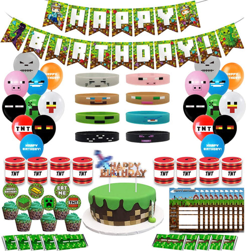 Pixel Style Gamer Birthday Party Supplies includes Banner - Cake and Cupcake Toppers - Balloons - Bracelets - Invitation Cards - Candy Bar Wrappers - Chip Can Labels