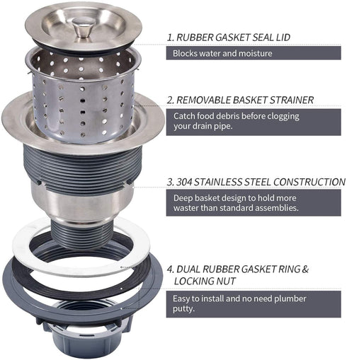 Kitchen Sink Drain 3-1/2 Inch Sink Drain Assembly Kit, Removable Deep Sink Strainer Basket with Sink Stopper/Sealing Lid for Home, Kitchen, Stainless Steel