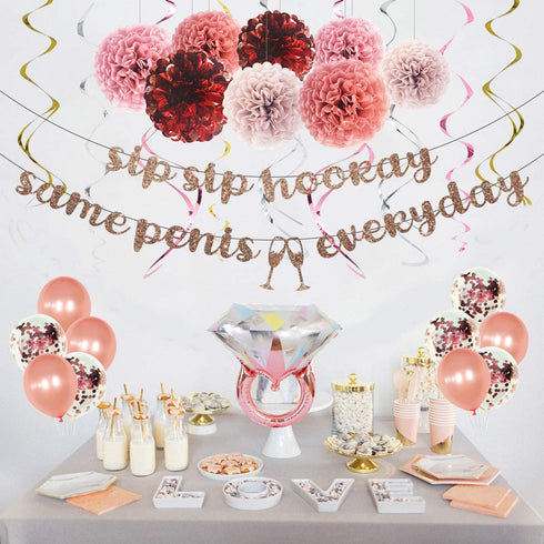 MEYSIMOON Bachelorette Party Decorations Bridal Shower Supplies Rose Gold Kit Ring Balloons,Banner,Swirl,Paper Pom Poms,Bride to Be Sash for Hens Night Party Decoration