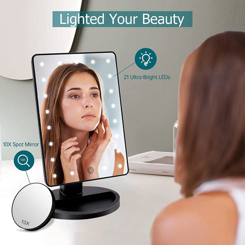 Lighted Vanity Makeup Mirror with 21 LED Lights and 10X Magnification Mirror?Cosmetic Beauty Mirror with Double Power Supply,Touch Sensor Screen Light Up Mirror for Makeup 180° Rotation (Black)