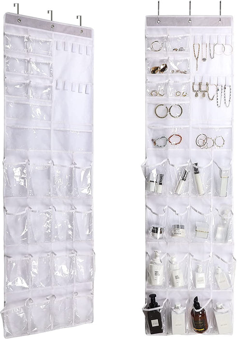 2 Pack Over The Door Hanging Shoe Organizer, Shoe Rack Holder, Pantry Door Organizer With Multiple Size Clear Pockets, 63 x 17 (White)