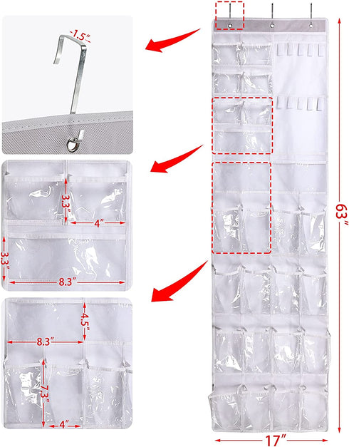 2 Pack Over The Door Hanging Shoe Organizer, Shoe Rack Holder, Pantry Door Organizer With Multiple Size Clear Pockets, 63 x 17 (White)