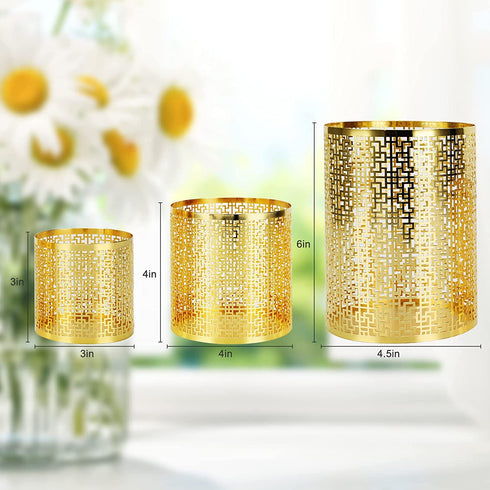 Metal Candle Holders Set of 3 Gold Pillar Candle Holder Tea Light Hurricane Votive Candle Holders for Wedding Decor, Home Decor, Birthday Decor, Party Decor, Window sash Pattern