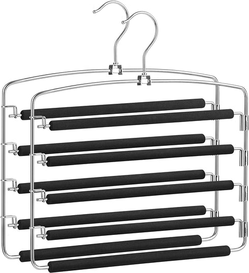 SONGMICS Pants Hangers Space Saving, 5 Layer Pants Hangers, Set of 2 Multiple Pant Hanger, Pants Organizer Hanger, Swing Arm Pants Hangers with Non-Slip Padding, Silver and Black UCRI041B02