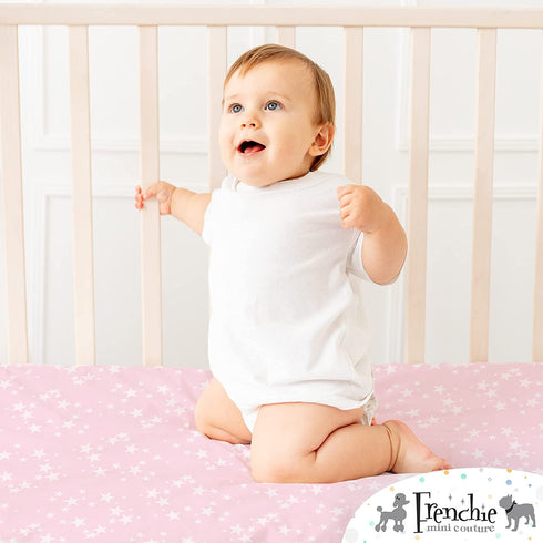 Frenchie Mini Couture Fitted Crib Sheets 100% Woven Cotton Fits Toddler Mattress, Pink Stars, 28 x 52in, 2-Pack