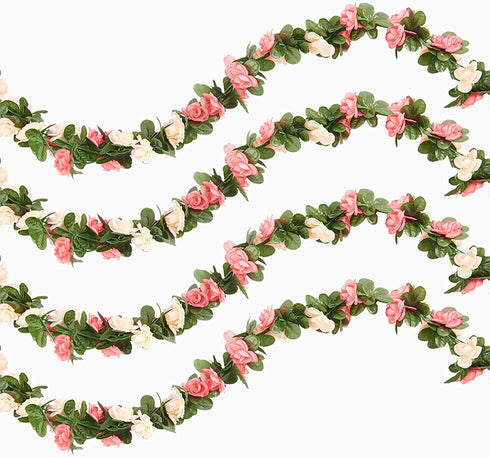 PONKING Artificial Rose Vine Flowers with Green Leaves, 8 Vine Plant 68FT Hanging Fake Flower Garland, Roses Vine for Home Hotel Office Wedding Party Garden Craft Wall Decor (Pink)
