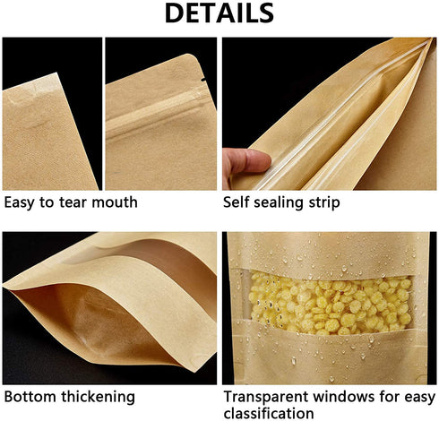 100 Pcs Resealable bags,4.7" x 7.9" Stand Up Kraft Paper Bags with Matte Window, Zip Lock Food Storage Bags for Packaging Products, Reusable, Sealable
