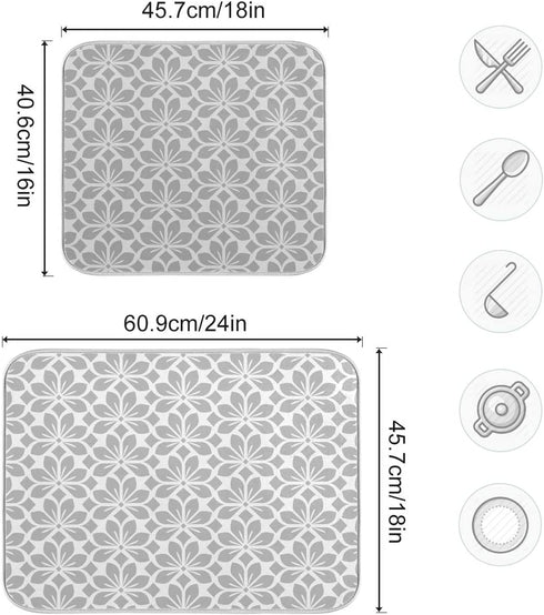 Grey and White Flowers Leaves Dish Drying Mat 18x24 for Kitchen Geometric Leaf Floral Pattern Gray Dishes Pad Dish Drainer Rack Mats Absorbent Fast Dry Kitchen Accessories