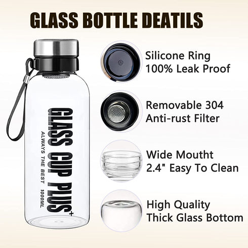 Kawfle 32 Oz Glass Water Bottle - Large Wide Mouth Borosilicate Reusable Drinking Bottles With Sleeve, BPA Free