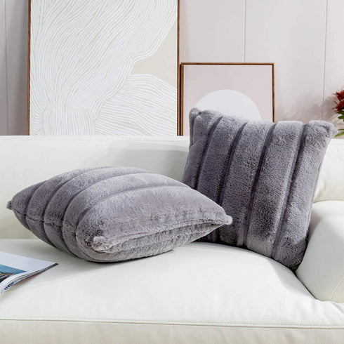 Cozy Bliss Set of 2 Faux Fur Fleece Throw Pillow Covers Luxury Super Soft Plush, Striped Cushion Cover Textured Decorative Pillowcases for Sofa Couch Bed Chair Car (Grey, 20"x20")