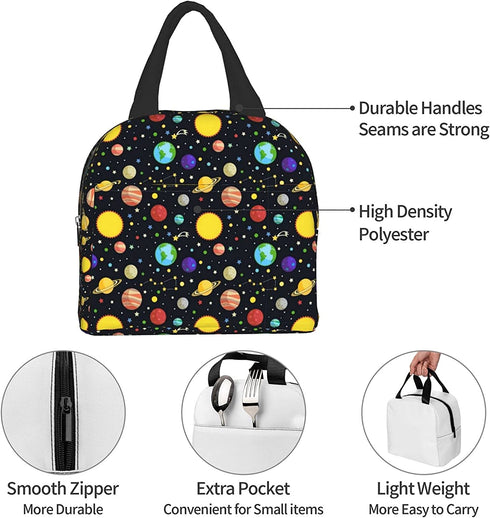Cute Planet Insulated Black Lunch Bag for Teen Boys, Reusable Aesthetic Packit Freezable Cooler Totes Lunch Box for Office Work Picnic