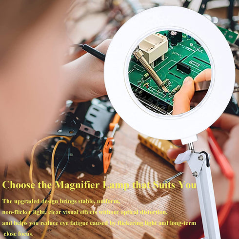 Magnifying Glass with Light and Stand, 10X Hands-Free Magnifier Double Gooseneck Magnifier 2 in 1 Clamp Table & Desk Magnifier with Phone Clip, Chip Clip Great for Reading, Hobbies, Crafts (5X White)