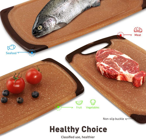 Plastic Cutting Boards Set,3 Piece Kitchen Chopping Boards Household Professional Cutting Boards with Anti-slip Feet Juice Groove Grip Handle,BPA Free Easy Cleaning Dishwasher Safe (Set of 3,Brown)
