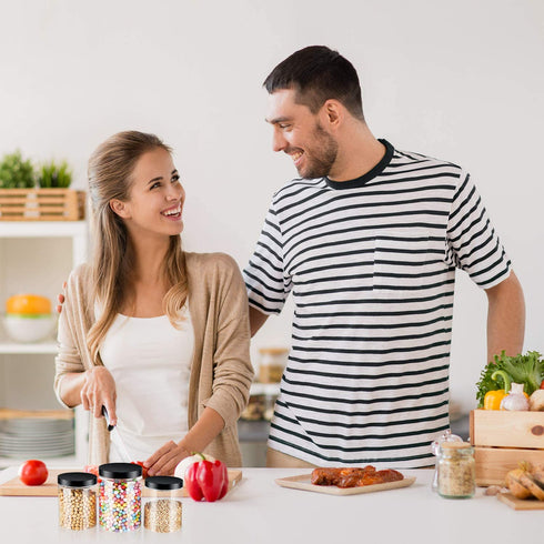 14 Pieces Plastic Jars with Black Lids Clear Grain Storage Container with 3 Sheets Label Stickers and 1 Piece Pen