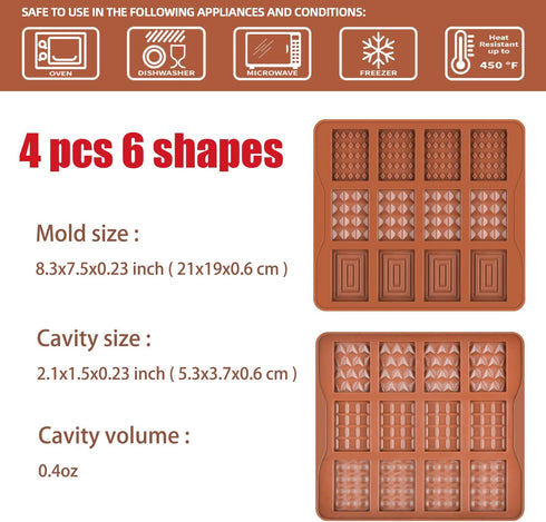 4 Pcs Break Apart Candy Molds Silicone Shapes Mini Chocolate Bar Silicone Molds Set, Small Molds for Wax Melts (A+B)