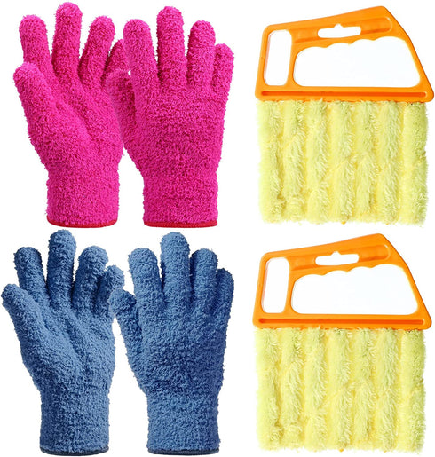 4 Pieces Window Venetian Blind Cleaner Tool, 2 Blind Duster Brush 7 Finger Dusting Cleaner Tool 2 Pairs Microfiber Dusting Cleaning Glove for Air Conditioner Shutter (Orange, Dark Blue, Rose Red)