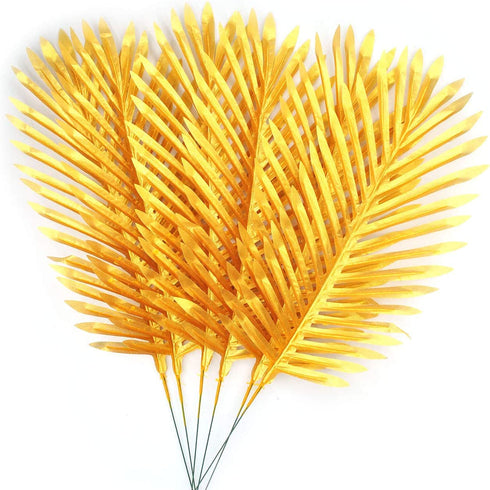 6PCS Artificial Palm Plants Leaves Imitation Leaf Artificial Plants Faux Fake Tropical Large for Home Arrangement Jungle Birthday Party Wedding Decoration Supplies (20" Golden Palm Leaves)
