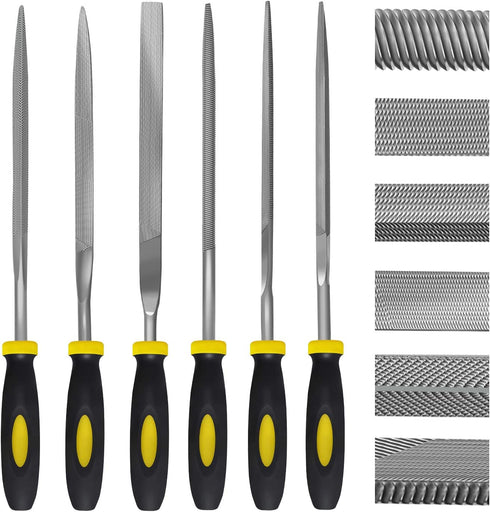 kapoua Needle File Set, 6 Pieces Hand Metal Files, Hardened Alloy Strength Steel Set Includes Flat, Flat Warding, Square, Triangular, Round, and Half-Round File