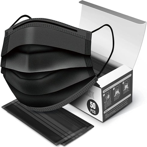 50 Pcs Black Disposable Face Masks w. High Filtration Ventilation Security Protection for Hygiene,3 Layers (2-Ply Non-Woven and 1-Ply Melt-Blown Fabric),Anti Dust Waterproof for Dental,Nail/Hair Salon