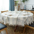 Round Tassel Plaid Tablecloth, Heavy Weight Cotton Linen Fabric Table Cover for Kitchen Dining Tabletop Decoration, Off White & Grey, 48" Round