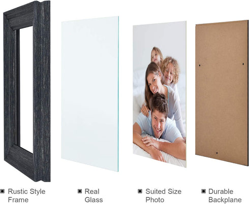 Picture Frames 5x7 Black (set of 6 Pack) - Rustic Farmhouse Wooden Frame - Photo Frame with Polished High Definition Glass for Table Top and Wall Mounting