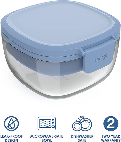 Bentgo® Glass - Leak-Proof Salad Container with Large 61-oz Salad Bowl, 4-Compartment Bento-Style Tray for Toppings, 3-oz Sauce Container for Dressings, and Built-In Reusable Fork (Light Blue)