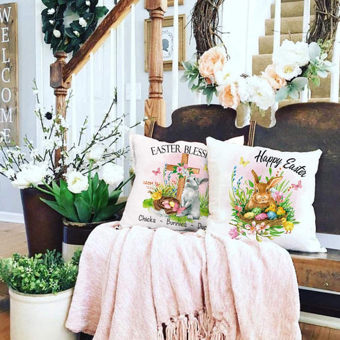 CARRIE HOME Easter Bunny Throw Pillow Covers 18x18 Set of 4 Pink Easter Decorative Throw Pillows Farmhouse Rabbit Eggs Carrot Happy Easter Decorations for The Home Couch and Outdoor Porch
