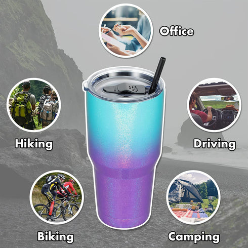 ALOUFEA 30oz Stainless Steel Ombre Glitter Tumbler, Insulated Coffee Tumbler Cup with Lid and Straw, Double Walled Travel Coffee Mug for Hot & Cold Drinks (Glitter Lightning, 1 Pack)