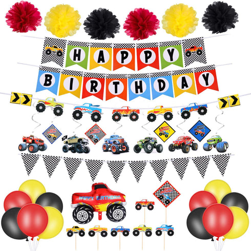 39 Piece Monster Truck Birthday Party Supplies Happy Birthday Banner Monster Truck Banner Triangle Bunting Flags Pom Poms Flowers Hanging Swirls Truck Shape Balloons Multicolor Balloons Cupcake Topper