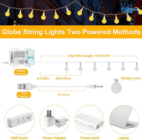 String Lights Battery Operated,Yogle100LED 49ft Globe String Lights with Remote&Timer IP65 Waterproof Outdoor,10 Lighting Modes USB Plug Indoor Led String Lights for Birthday Bedroom Party Patio Decor