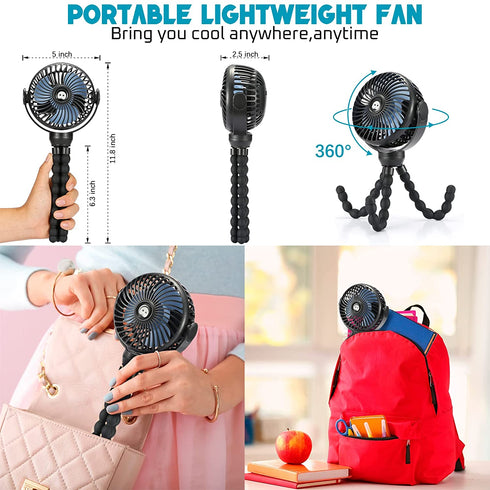 Snawowo Upgraded 4000mAh Baby Stroller Fan, 360°Rotation Mini Portable Fan with Flexible Tripod Clip On Stroller Treadmill Peloton Bike Crib Car Seat, USB or Battery Powered Handheld Personal Fan (Black)