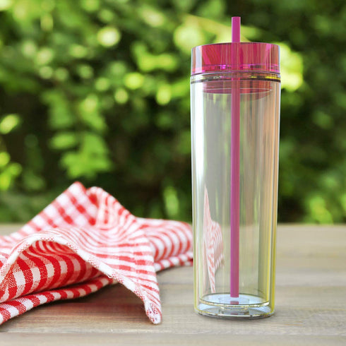 Maars Drinkware Double Wall Insulated Skinny Acrylic Tumblers with Straw and Lid, 16 oz. (4 pack, Clear)
