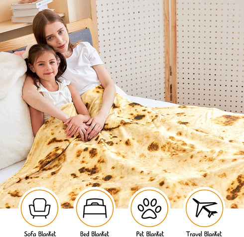 CASOFU Burritos Blanket, Giant Flour Tortilla Throw Blanket, Novelty Tortilla Blanket for Your Family, Soft and Comfortable Flannel Taco Blanket for Kids. (Yellow, 60 inches)