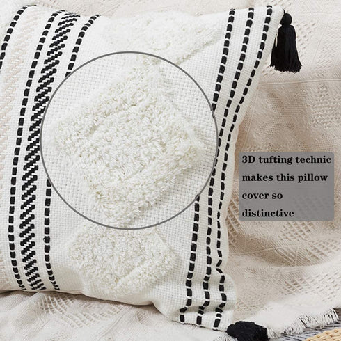18x18 Pillow Covers Morocco Throw Pillows Cover for Couch Bed, Boho Tufted Square Decorative Pillow Covers, Farmhouse Neutral Throw Pillow Case with Tassels, Black Off White