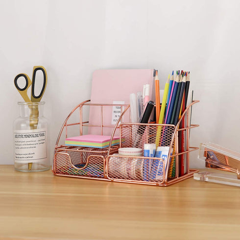 LEORISO Desk Organizer Supplies, Rose Gold Office Organizer with Mail Organizer, Pen Holder, Paper Organizer & Desk Drawer Organizer, Metal Multifunctional Desktop Organizer for Office, School & Home