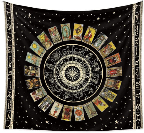 Sun Constellation and Star Tarot Card Tapestry - Bohemian Astrology Tapestries Zodiac Wall Hanging for Home Bedroom Aesthetic Wall Art Decor Black Tapestry