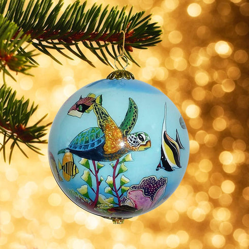 Green Sea Turtles and Tropical Fish Collectible Hand Painted Glass Ornament with Gift Box