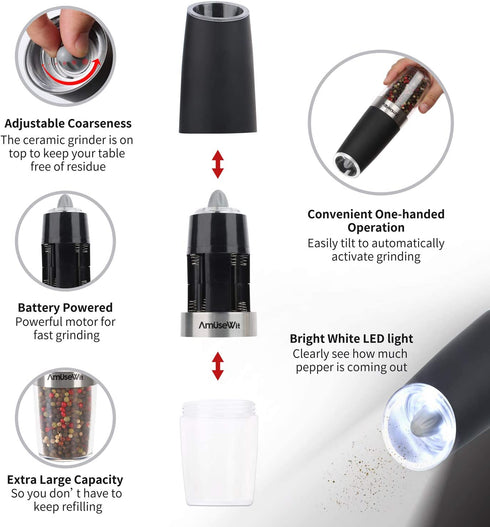 Gravity Electric Pepper Grinder or Salt Grinder MillWhite Light€‘- Battery Operated Automatic Pepper Mill with Light, Adjustable Coarseness, One Handed Operation, Cleaning Brush, Black by AmuseWit