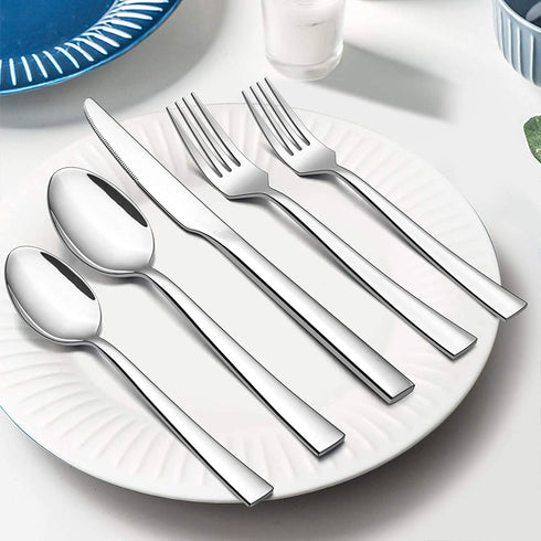 20-Piece Silverware Set, E-far Stainless Steel Flatware Set Service for 4, Modern Tableware Cutlery Set includes Forks, Spoons, Knives, Square Edge & Mirror Finish, Dishwasher Safe