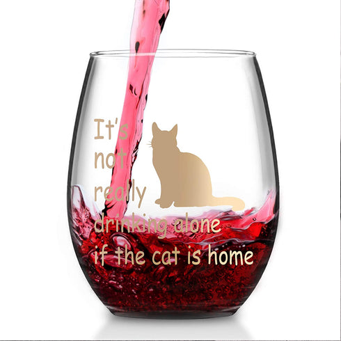 It's Not Really Drinking Alone If The Cat Is Home Wine Glass with Cupcake Wine Socks Gift Set, Cat Lover Wine Glass Set with Bottle Opener 15Oz - Funny Gift for Women Friends Sisters Girls Cat Lover
