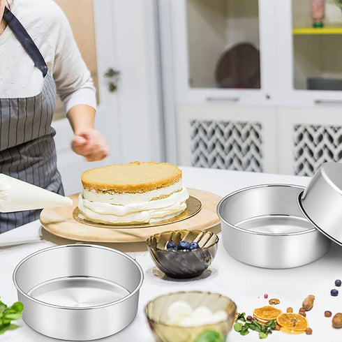 3 Pcs Deep Cake Pan Set (8'' x 3''), P&P CHEF 8 Inch Stainless Steel Round Baking Pans, for Birthday Wedding Christmas, Healthy & Durable, Deep Side & Mirror Finish, Oven & Dishwasher Safe