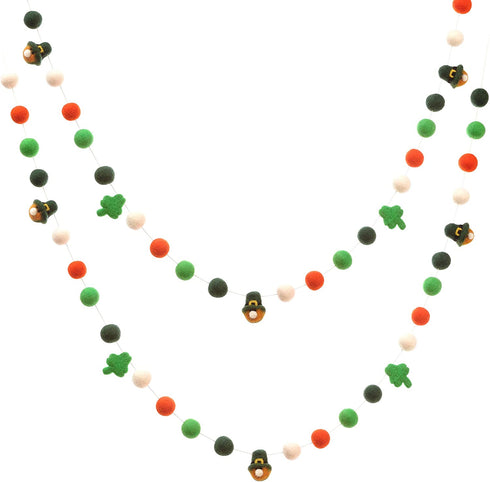 Glaciart One St. Patrick's Day Felt Ball Garland - Pre-Assembled Shamrocks, Clover and Leprechaun Irish Party Decoration - Pompom Party Decor - 100% Natural Wool Pom Poms with Cotton String - 6 Feet