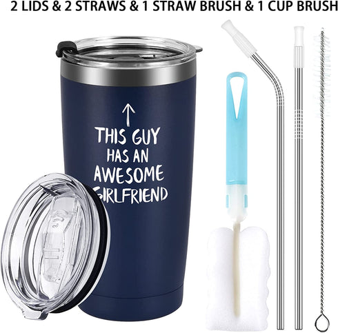 Qtencas Valentine's Day Gifts for Boyfriend Travel Tumbler, This Guy Has an Awesome Girlfriend Stainless Steel Insulated Tumbler with Lid, Boyfriend Men Birthday Gifts Tumbler(Navy Blue, 20oz)