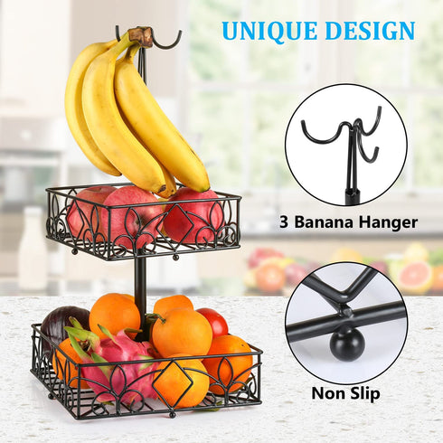 WRYISSE Flower Lattice 2 Tier Countertop Fruit Basket Bowl with 3 Banana Hanger Rectangular Metal Fruit Storage Basket Stand for Vegetable Eggs Snacks (Black, Flower Design)