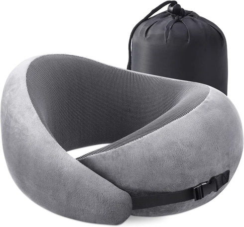 Visenta Neck Pillow for Travel. Premium Memory Foam. 360 Degree Neck Support Provides Incredible Comfortable. Dual-Side Chin Support. Compressible with Travel Pouch. Great Gift Choice. (Gray)